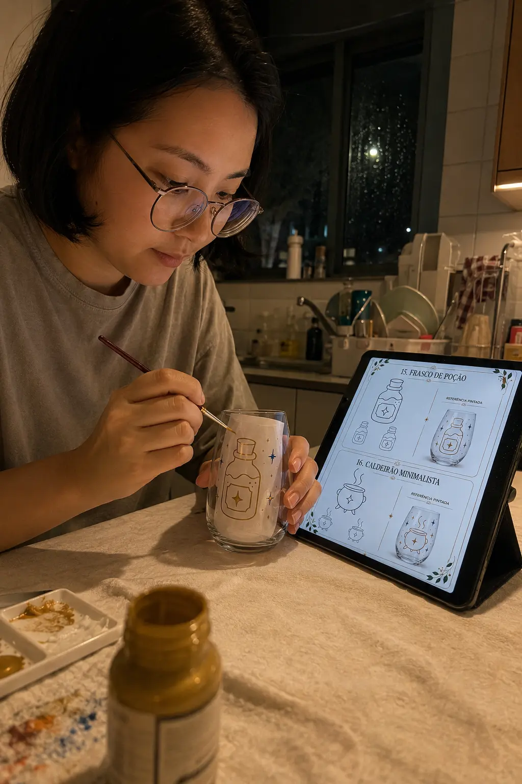 Mulher pintando um frasco místico na taça seguindo o molde no tablet