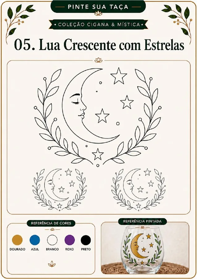 Cartela de molde místico e astrológico com sugestões de cores