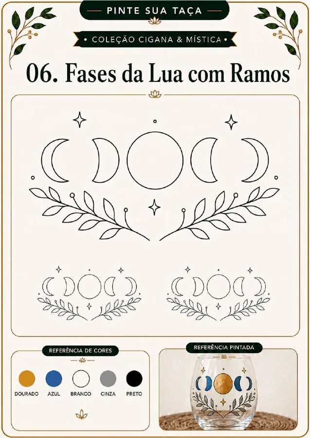 Cartela de molde místico e astrológico com sugestões de cores