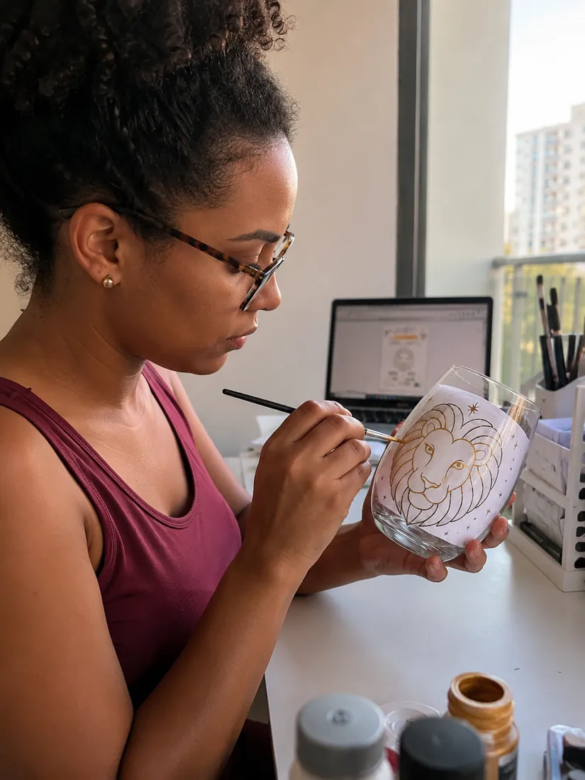 Mulher pintando um leão dourado na taça com o molde na tela