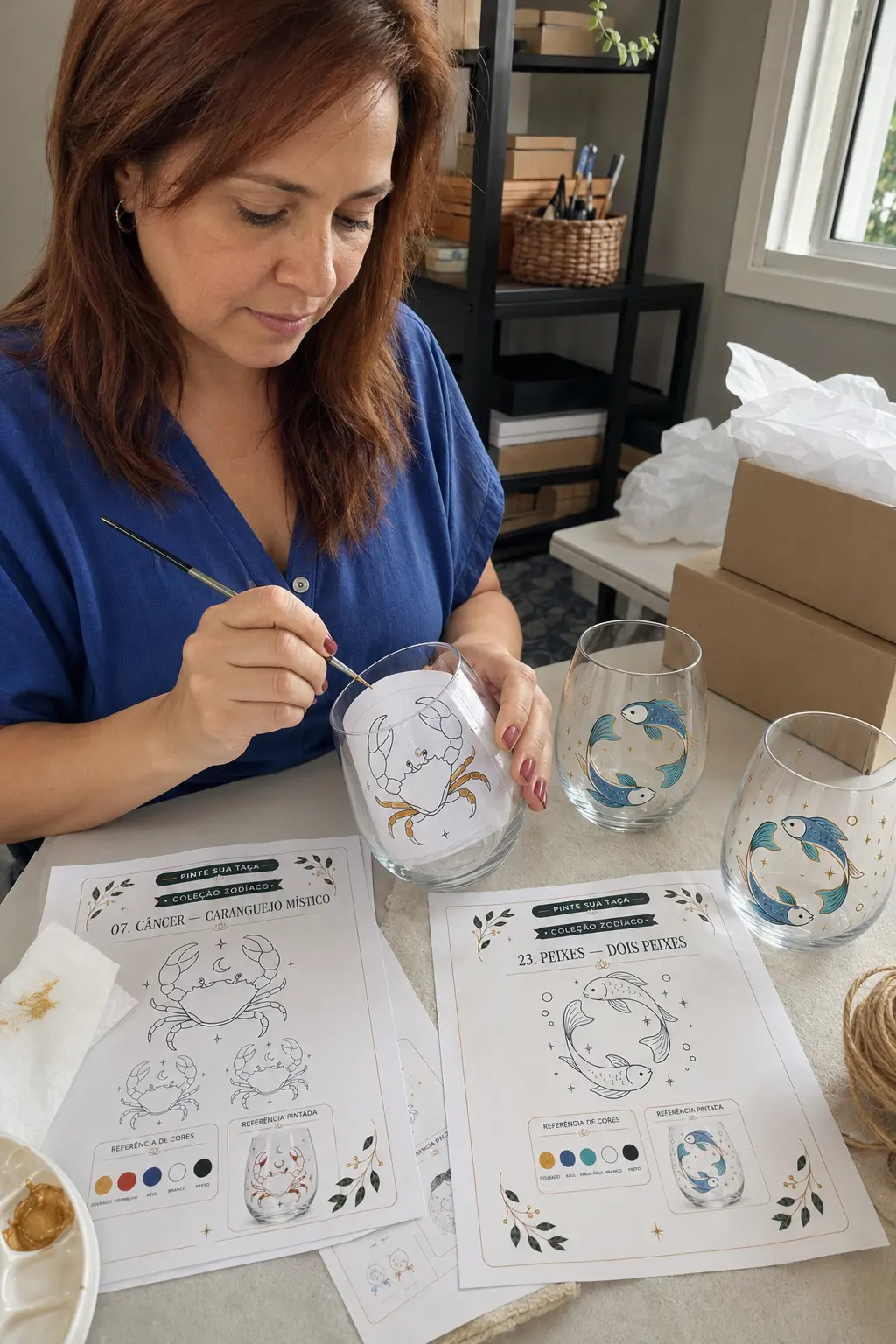 Mulher pintando taças do zodíaco com as cartelas dos moldes sobre a mesa