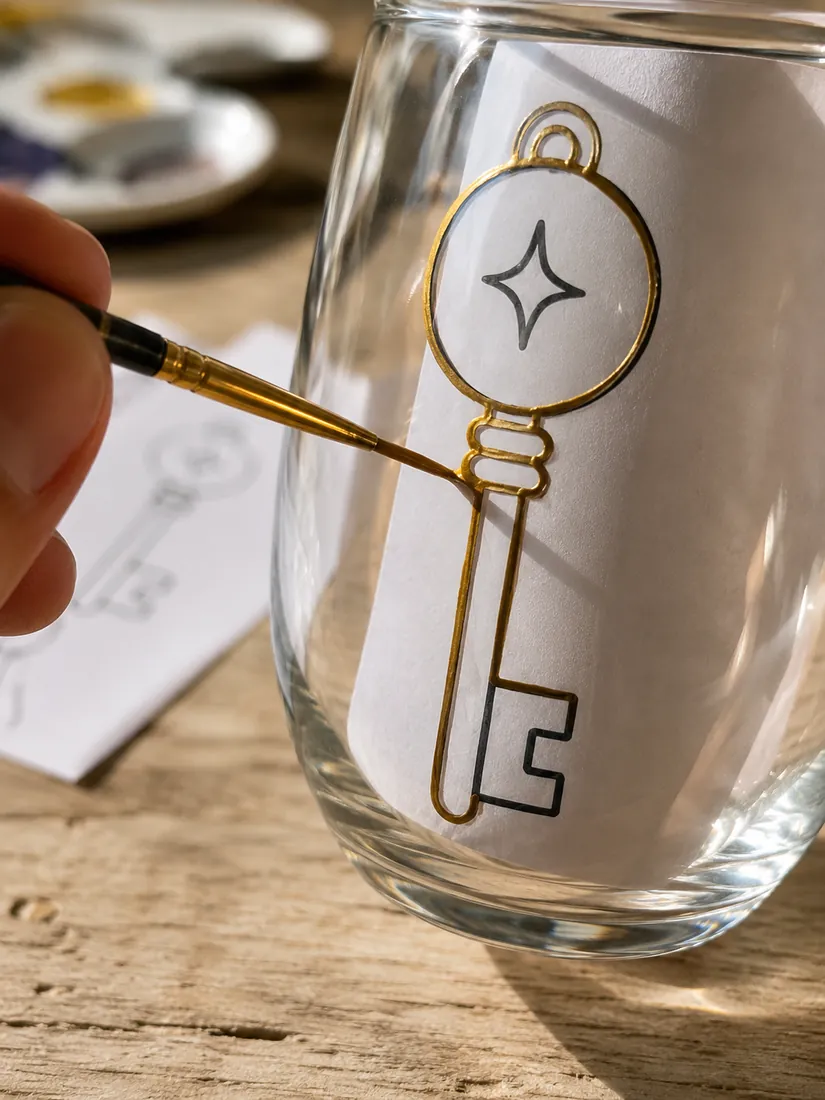 Detalhe da chave mística sendo contornada em dourado na taça