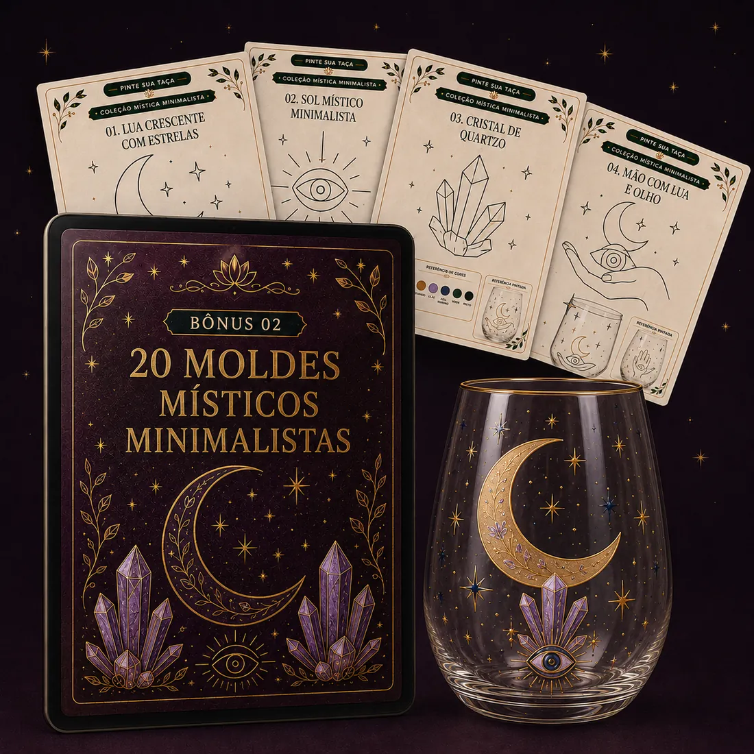 Moldes místicos minimalistas para pintar taças e copos